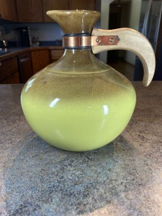 Rare Two Tone Green Bauer Pottery Ball Pitcher Wood Handle Carafe Art Crafts
