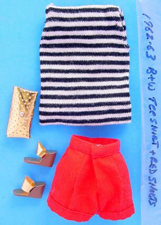 1962 - 63 Barbie Black & White Striped Tee Shirt & Red Shorts W Heels & Purse