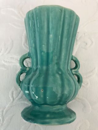 Mccoy Usa Turquoise Blue Green Double Handle Ribbed Vase