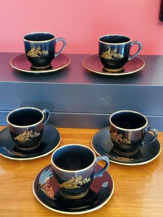 Vintage Signed Lenox China Harvest Wheat Blue Demitasse Cups & Saucers Set Of 5
