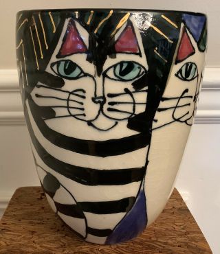 Cindy Jenkins Studio Pottery Ceramic Cat Vase Signed In Gold Ink