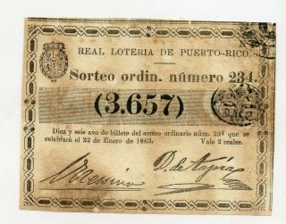 1863 Billete De La Real Loteria De Puerto Rico Colonial Lottery Ticket