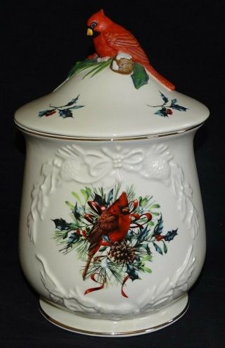 Lenox Usa Winter Greetings Cookie Jar W/ Lid - Red Bow,  Sculpted Cardinal Knob