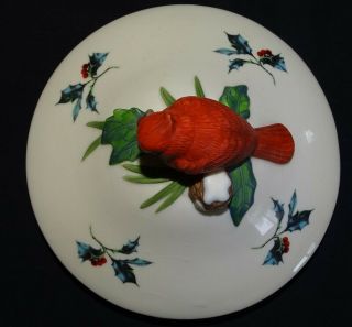 Lenox USA Winter Greetings Cookie Jar w/ Lid - Red Bow,  Sculpted Cardinal Knob 3