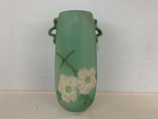 Vintage Weller Pottery Green “wild Rose” Floral Handled Vase