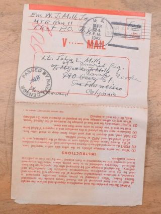 Mayfairstamps Us Navy 1943 Fleet Po Censored To San Francisco Ca Vmail Wwi2921