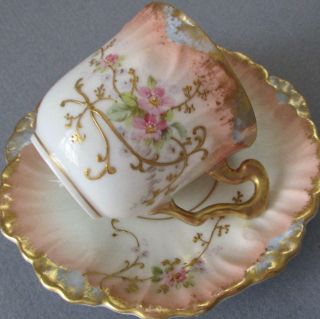Antique Limoges Porcelain Demitasse Cup,  Saucer Gilt Paste Scrolls Pink Flowers