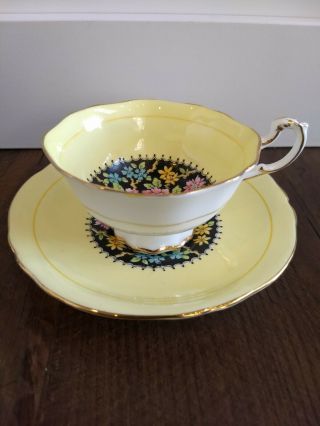 Vintage Paragon Tea Cup And Saucer Yellow Black Floral