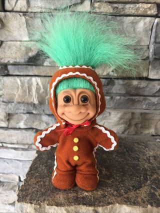 Russ Troll Doll 4 1/2” Green Hair Brown Eyes Christmas Gingerbread Boy