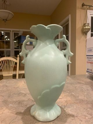 Vintage Weller Pottery Matte Turquoise Green Double Handled Vase W/original Labe