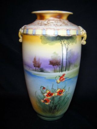 12 1/2 " Nippon Handled Vase Hand Painted Scene W/ Unique Handles