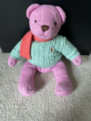 2004 Ralph Lauren Polo Pink Knit Teddy Bear With Green Sweater & Orange Scarf
