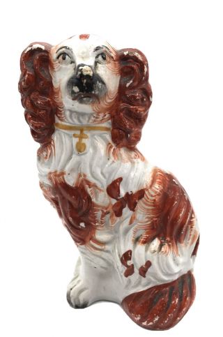 Antique Victorian Staffordshire Spaniel Dog Russet White 5 1/2 " Figurine