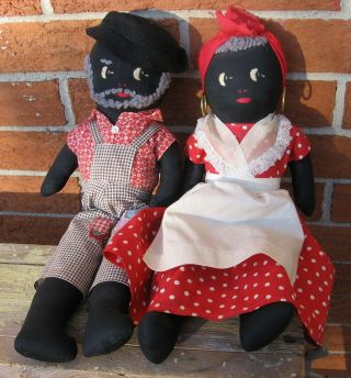 Primitive Black Americana Folk Art Cloth Dolls Husband & Wife Hand Made Set Of 2
