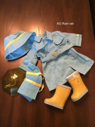 American Girl Rain Set: Raincoat,  Boots,  Hat,  Pet Rain Cover,  Shirt And Umbrella