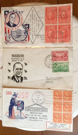 3 - 2 Franklin D.  Roosevelt/1 Uncle Sam Collector’s Envelopes Stamps 1937,  38,  47
