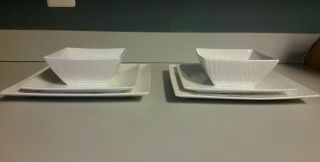 6pc - Roscher Wood Grain Design White Square 2 Dinner 2 Salad Plates 2 Bowls