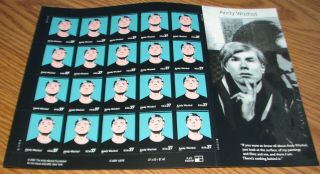 Andy Warhol United States Post Office $.  37 Stamps Full Sheet Of 20 2001