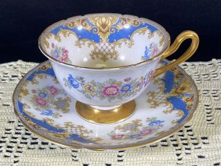 Shelley Sheraton Fine Bone China England Teacup & Saucer Blue Gold Floral