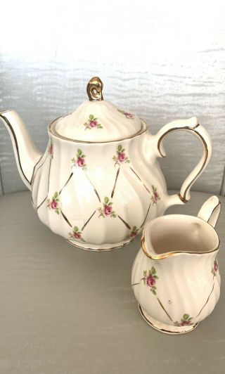 Sadler Teapot & Creamer Set Pink Rosebuds Swirl England Porcelain Classic Vtg