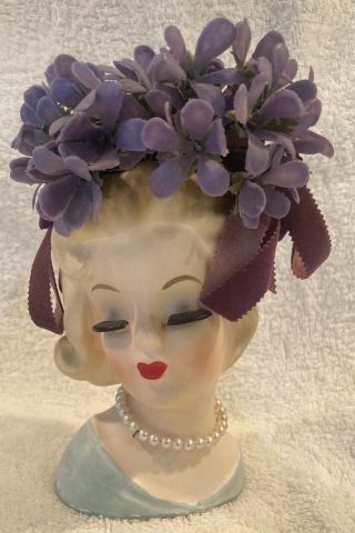Vintage Inarco Lady Head Vase Pearl Necklace 6”original Flowers Purple E1540