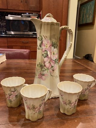 Nippon Dogwood Pattern Green Hand - Painted Chocolate Set Pot/with Lid & 4 Cups