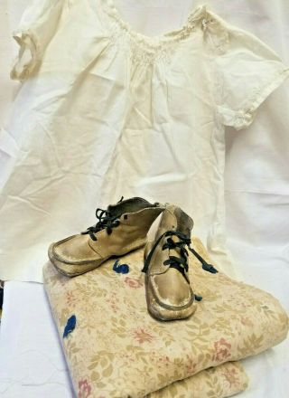 Antique Baby Or Doll Fine Cotton Dress Hand Tied Quilt & Leather Baby Shoes