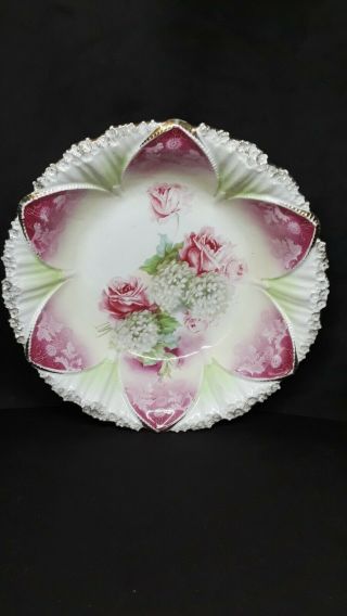 Rs Prussia Red Mark Bowl Pink Roses Beaded Border 10” Mold 91 Antique