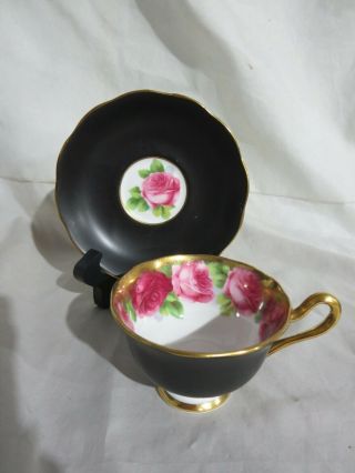 Royal Albert Old English Rose Tea Cup & Saucer Black W/ Red Pink Roses