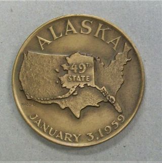 1959 Alaska State Hood 49th State & Seal Large Bronze Medal Uncirculated