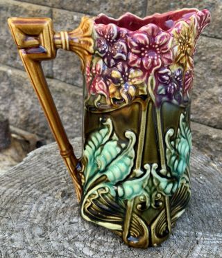 Antique French Frie Onnaing Majolica Art Nouveau Pitcher 825 Made In France 8”