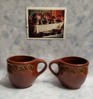 Two Htf Vtg 1990 Signed Ned Foltz Redware Pottery Mugs Paisley Or Leaf Design