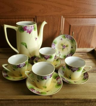 Vintage Nippon Tea Set Cups Saucers China Hand Painted Purple Violets Gold Trim