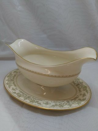 Vintage Lenox Noblesse Gravy Boat Attached Underplate Green Scroll Blue Dots