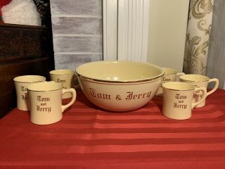 Rare Vintage Homer Laughlin Tom & Jerry Set Ivory Gold Trim Punch Bowl 6 Mugs
