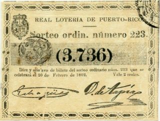 1862 Real Loteria De Puerto Rico Colonial Lottery Ticket