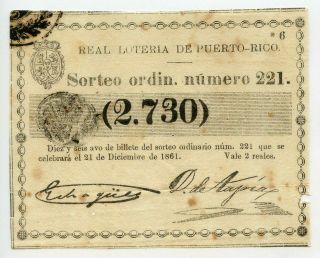 1861 Real Loteria De Puerto Rico Colonial Lottery Ticket
