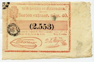 1859 Real Loteria De Puerto Rico Colonial Lottery Ticket