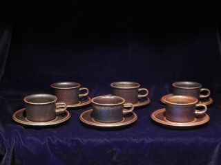 Set Of 6 Vintage Arabia Ruska Espresso Cups And Saucers Ulla Procope Finland