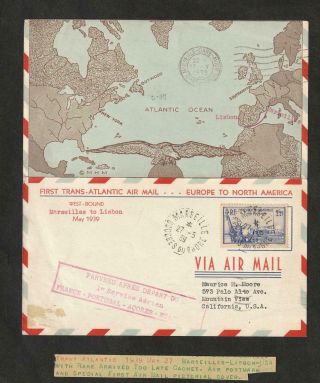 1939 First Flight Specialist Cover,  Europe To North America France Scott 372