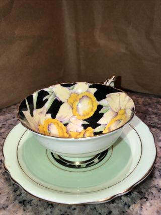 Vintage Art Deco Paragon Tea Cup Saucer Rare Daffodils Green Queen Mary