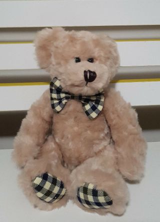 Russ Berrie Teddy Bear Plush Toy Soft Toy 26cm Tall Bow With Squares