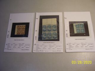 3 Very Old U.  S.  Hinged/never Hinged Plate Blocks On Sell Sheets (read Ad)