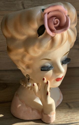 Vintage Lady Head Bust Face - 1961 Inarco E - 193/s - Planter Vase Pink Rose