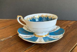 Shelley Lincoln Shape Teacup And Saucer - Teal With Gold Leaf Garland