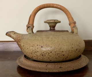 Japanese Signed Hand Crafted Studio Art Pottery Stoneware Bamboo Handle Teapot