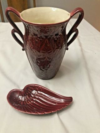 Red Wing Art Pottery Maroon Red Double Loop Handles Vase 1165,  Redwing Dish