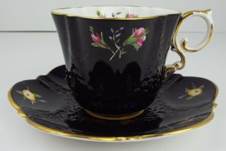 Aynsley Bone China Black Floral Tea Cup & Saucer Set Vintage England Rare
