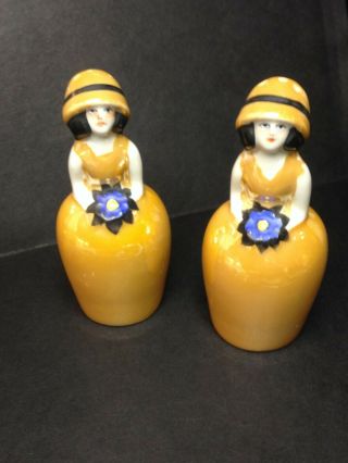 Deco Noritake Figural Flapper Girl Orange Luster Ware Salt And Pepper Shaker