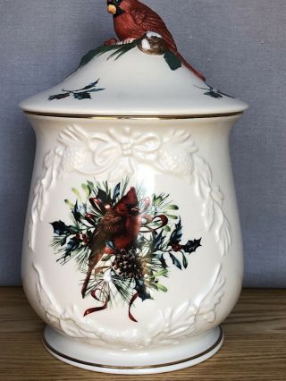 Lenox Winter Greetings Cookie Jar W/ Lid - Red Bow,  Sculpted Cardinal Knob -
